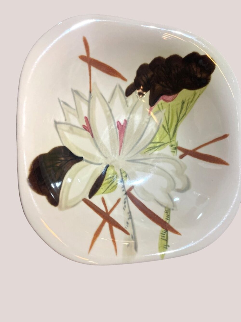 Red Wing Lotus Bowls Hand-Painted Set Of 2 Vintage USA Ceramic Art 6" Floral Des